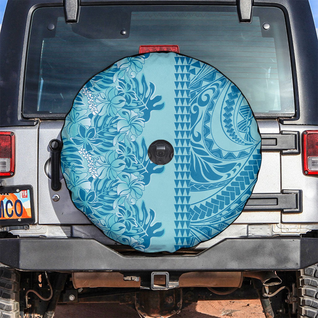 Cyan Hibiscus Monstera Seamless Kakau Hawaii Spare Tire Cover LT14 Cyan - Polynesian Pride