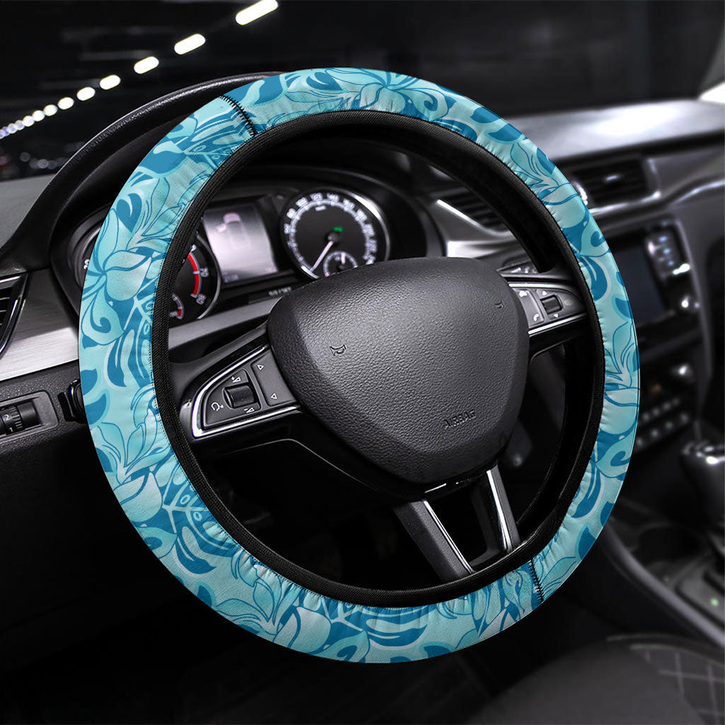 Cyan Hibiscus Monstera Seamless Kakau Hawaii Steering Wheel Cover LT14 Universal Fit Cyan - Polynesian Pride