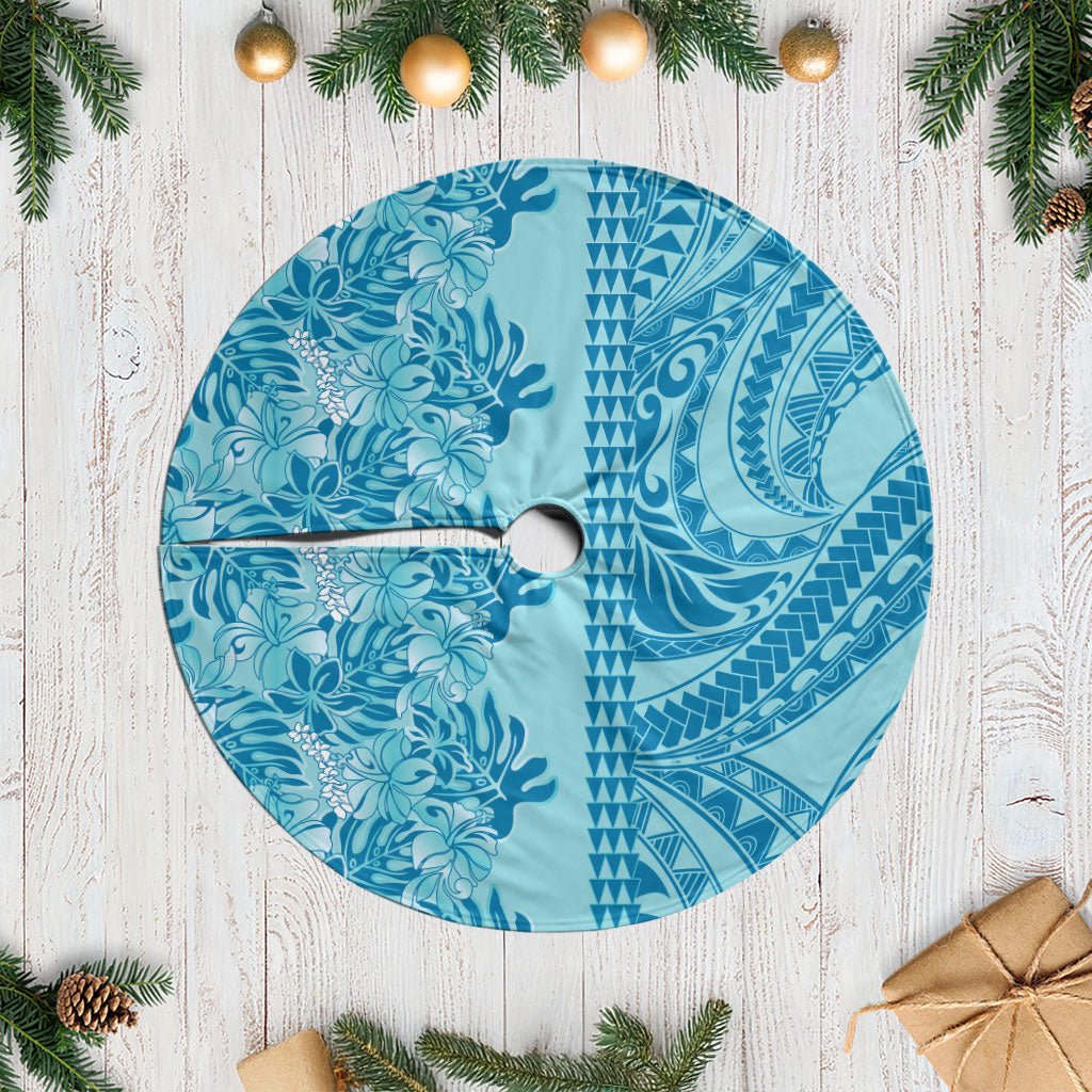 Cyan Hibiscus Monstera Seamless Kakau Hawaii Tree Skirt LT14 Casual Cyan - Polynesian Pride