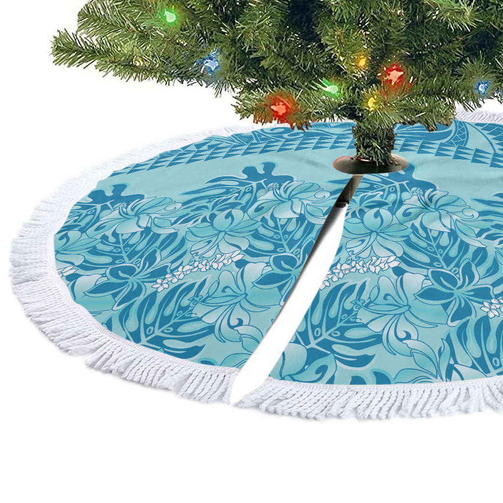 Cyan Hibiscus Monstera Seamless Kakau Hawaii Tree Skirt LT14 - Polynesian Pride