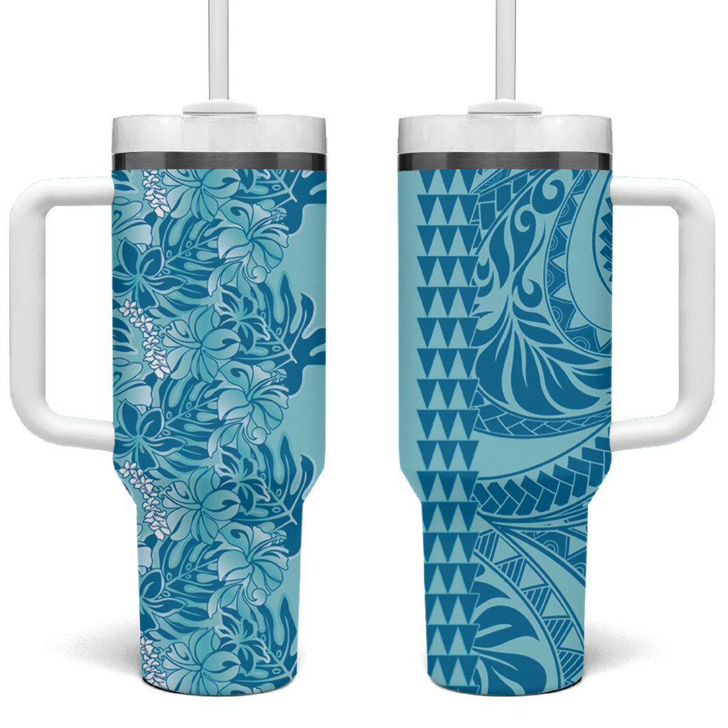 Cyan Hibiscus Monstera Seamless Kakau Hawaii Tumbler With Handle LT14 One Size: 40 oz Cyan - Polynesian Pride