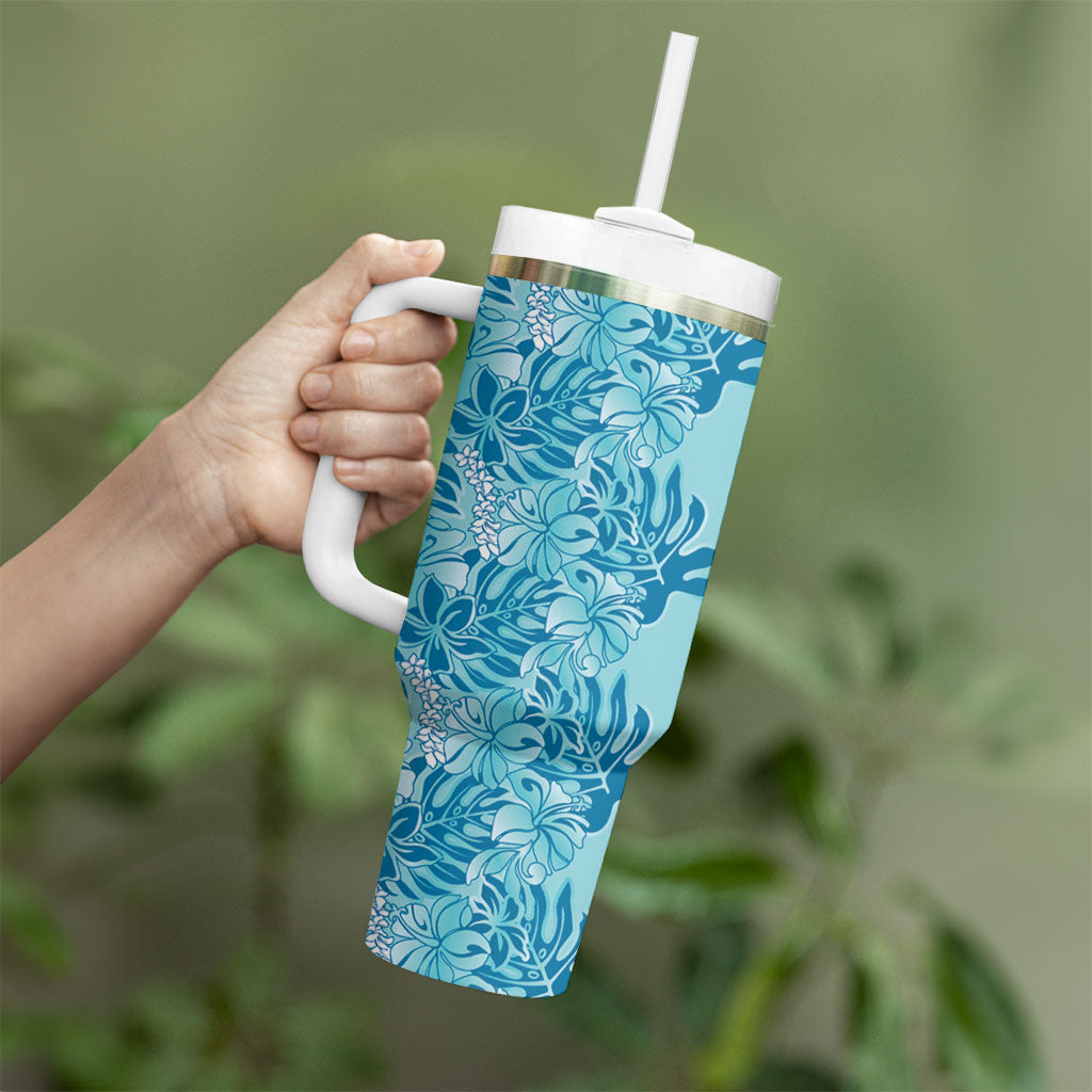 Cyan Hibiscus Monstera Seamless Kakau Hawaii Tumbler With Handle LT14 - Polynesian Pride
