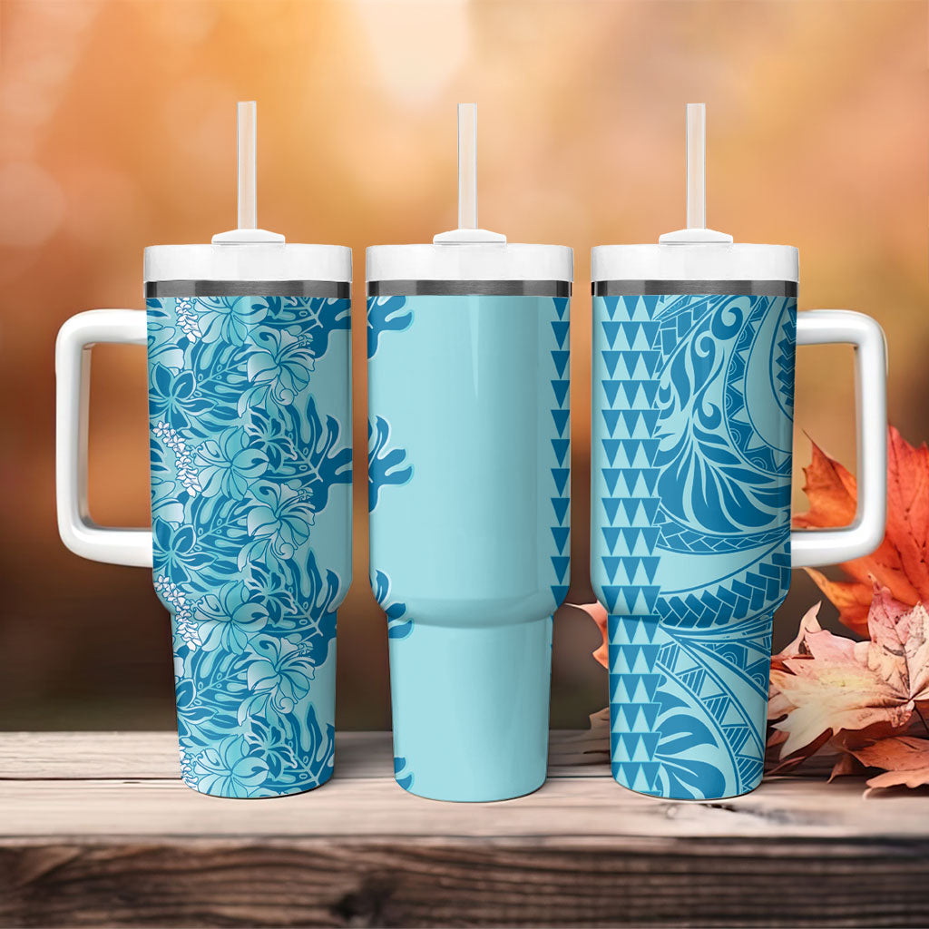 Cyan Hibiscus Monstera Seamless Kakau Hawaii Tumbler With Handle LT14 - Polynesian Pride