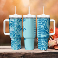 Cyan Hibiscus Monstera Seamless Kakau Hawaii Tumbler With Handle LT14 - Polynesian Pride