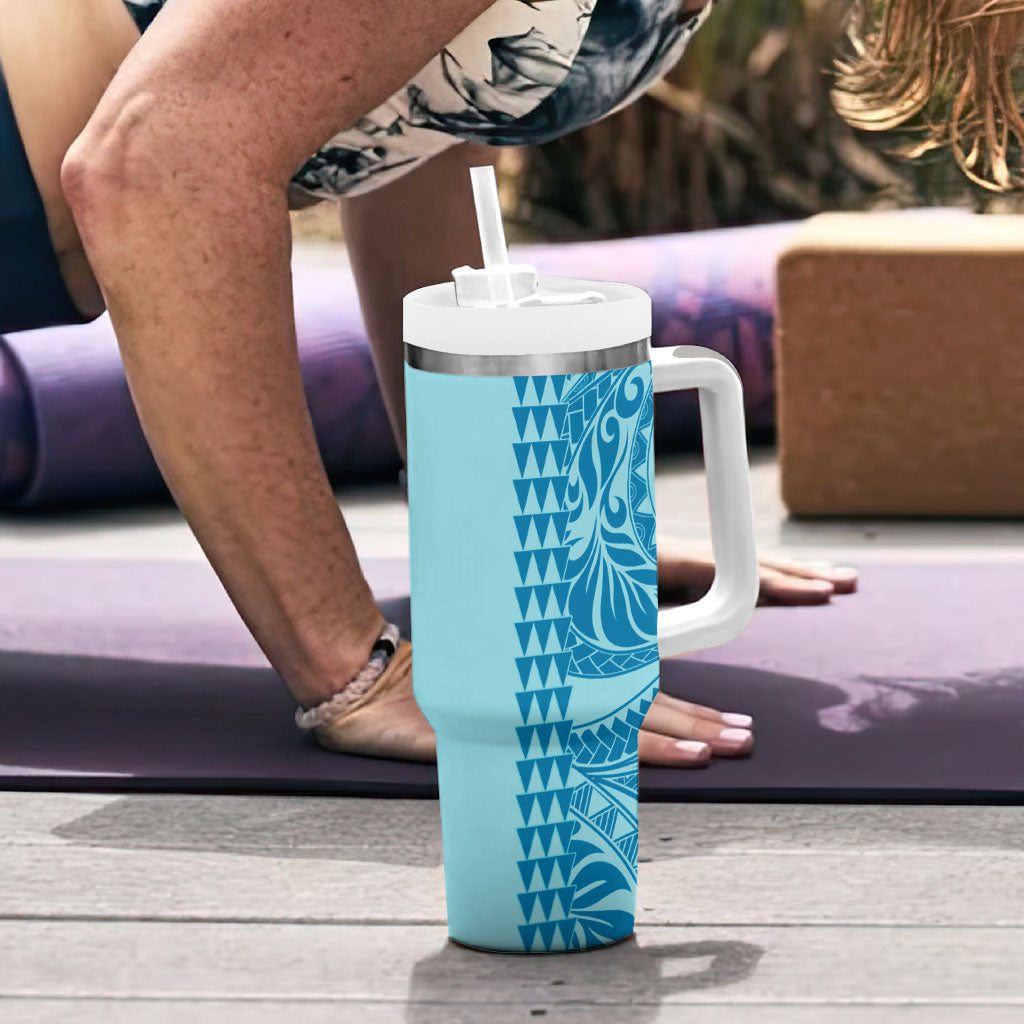 Cyan Hibiscus Monstera Seamless Kakau Hawaii Tumbler With Handle LT14 - Polynesian Pride