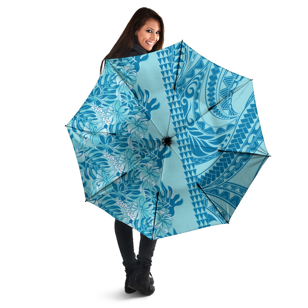 Cyan Hibiscus Monstera Seamless Kakau Hawaii Umbrella LT14 - Polynesian Pride