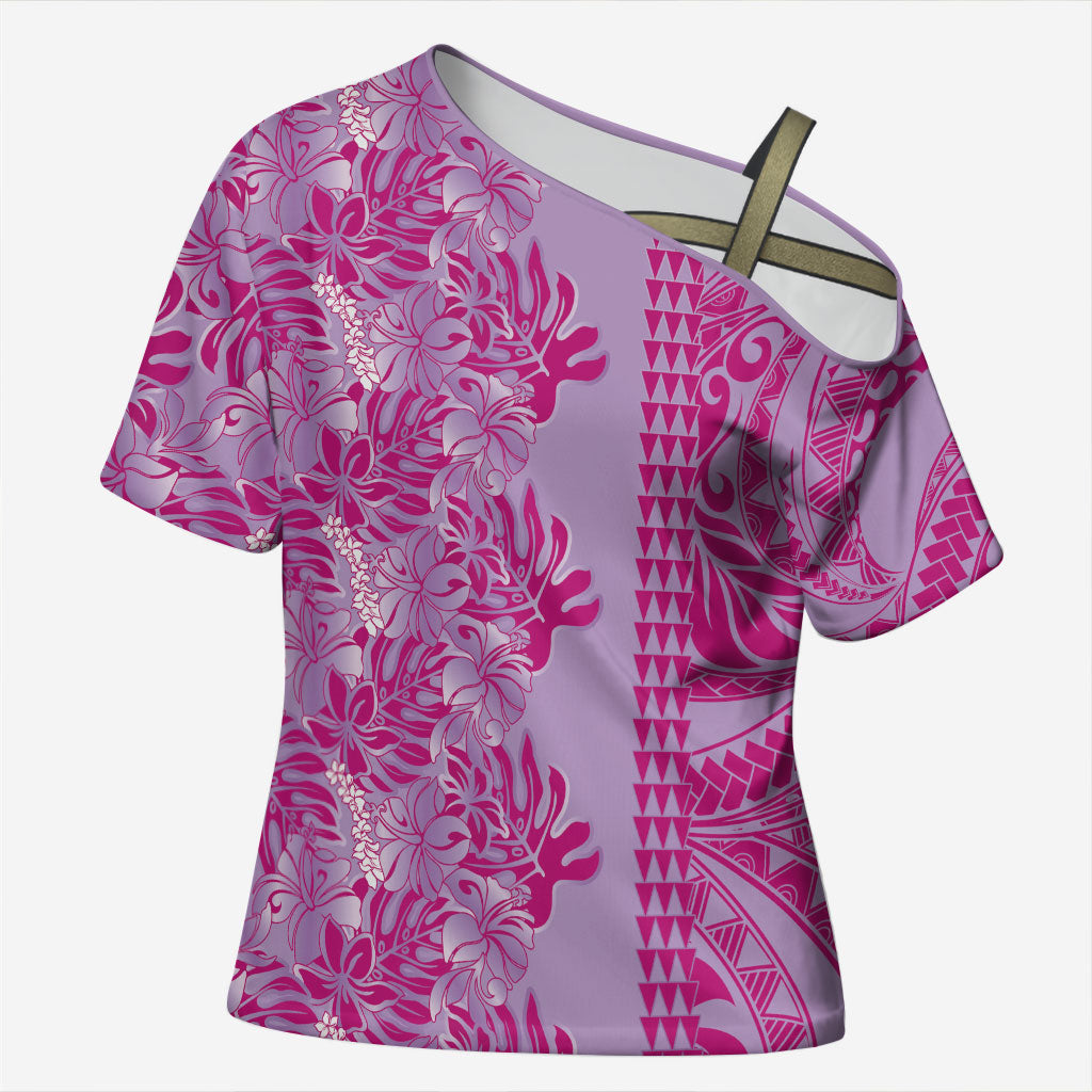 Purple Hibiscus Monstera Seamless Kakau Hawaii Cross Shoulder Shirt LT14 Female Purple - Polynesian Pride