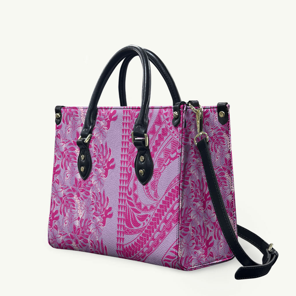 Purple Hibiscus Monstera Seamless Kakau Hawaii Leather Bag