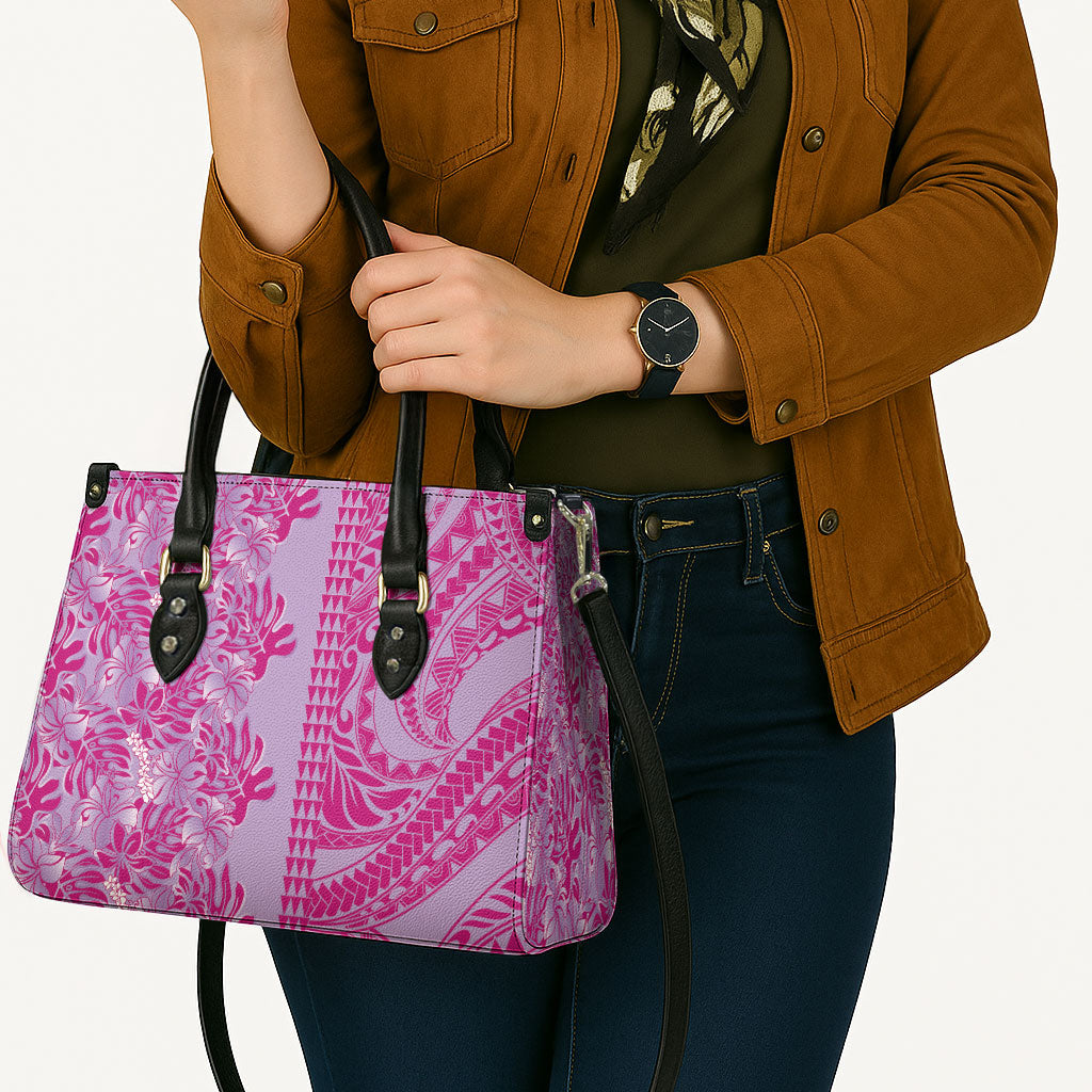 Purple Hibiscus Monstera Seamless Kakau Hawaii Leather Bag