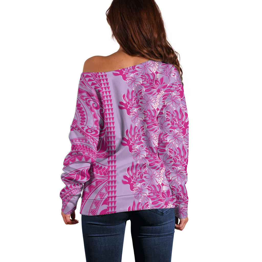 Purple Hibiscus Monstera Seamless Kakau Hawaii Off Shoulder Sweater LT14 - Polynesian Pride