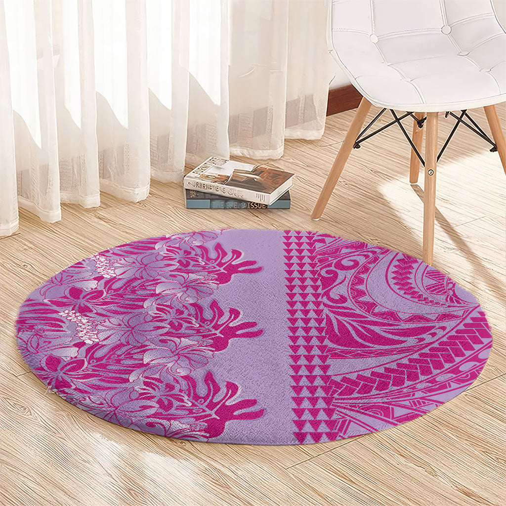 Purple Hibiscus Monstera Seamless Kakau Hawaii Round Carpet
