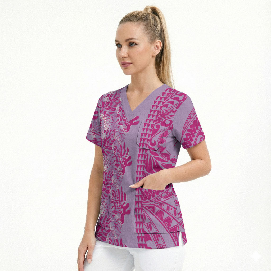 Purple Hibiscus Monstera Seamless Kakau Hawaii Scrub Top LT14 - Polynesian Pride