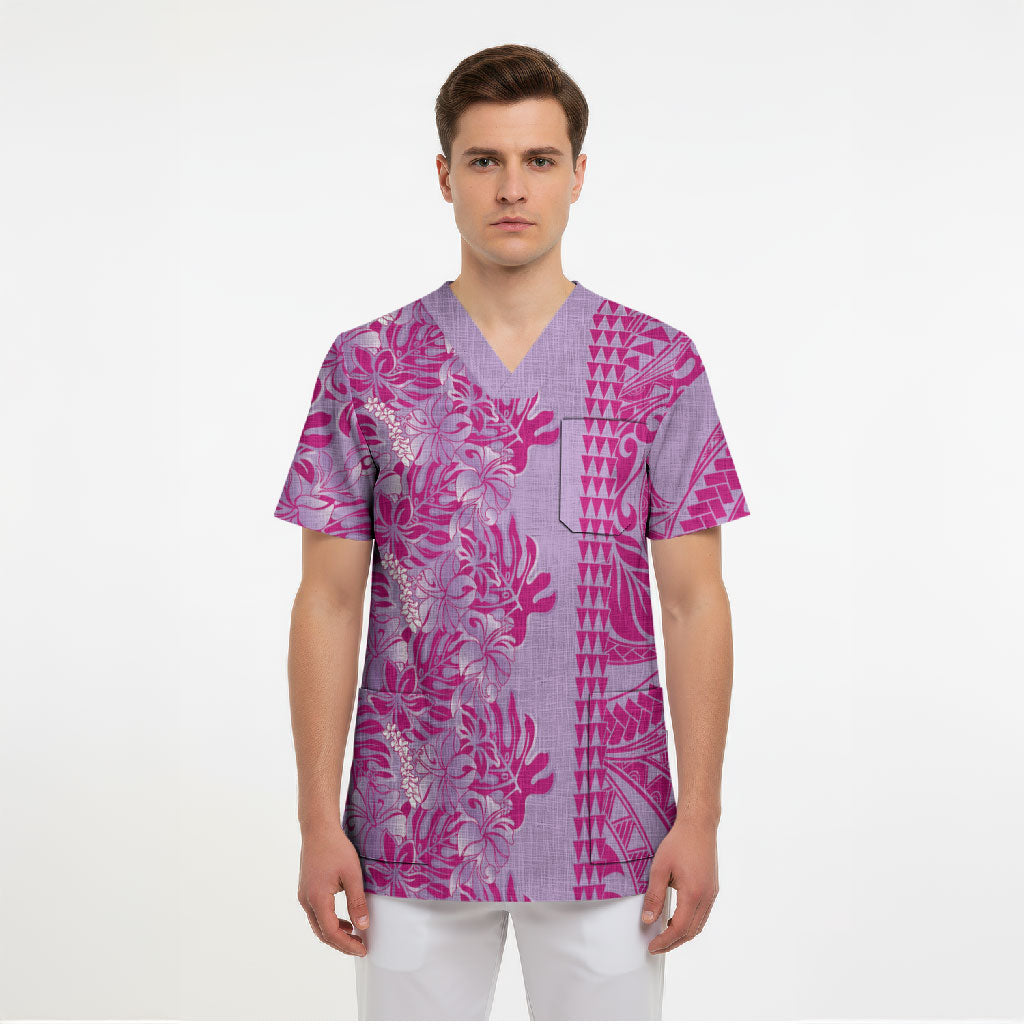 Purple Hibiscus Monstera Seamless Kakau Hawaii Scrub Top LT14 - Polynesian Pride