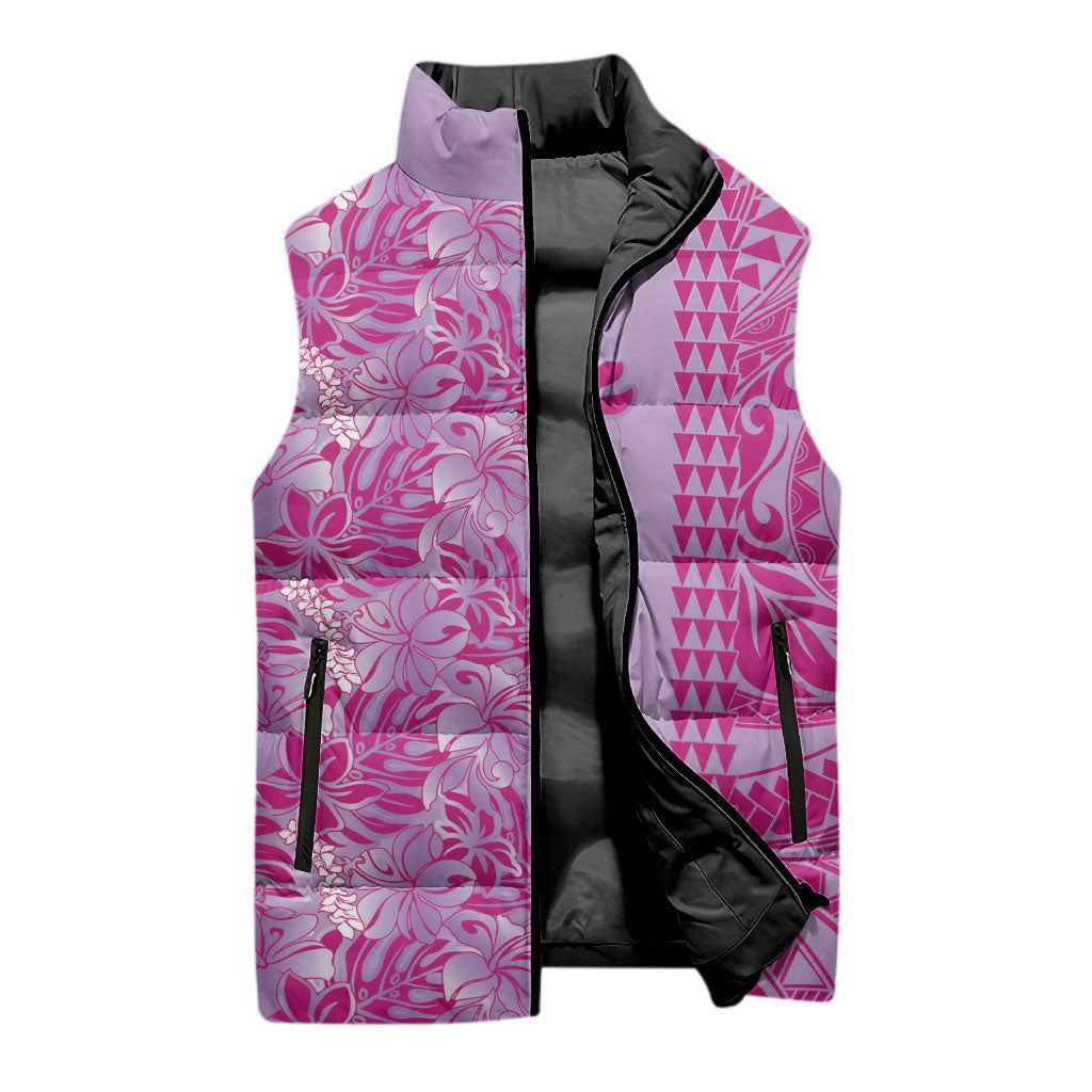 Purple Hibiscus Monstera Seamless Kakau Hawaii Sleeveless Puffer Jacket LT14 - Polynesian Pride