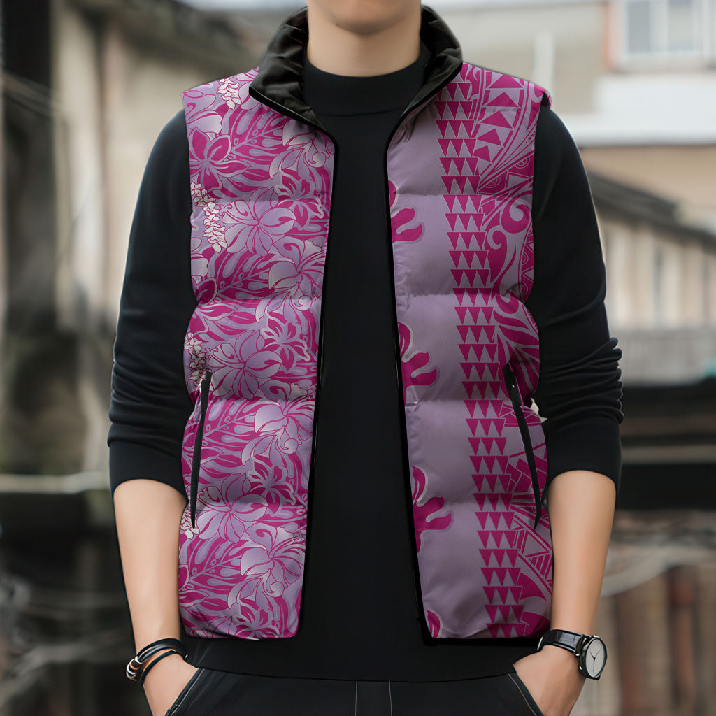 Purple Hibiscus Monstera Seamless Kakau Hawaii Sleeveless Puffer Jacket LT14 - Polynesian Pride