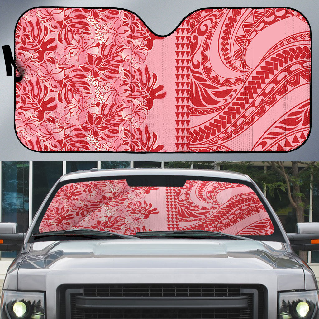 Red Hibiscus Monstera Seamless Kakau Hawaii Auto Sun Shade LT14 Red - Polynesian Pride