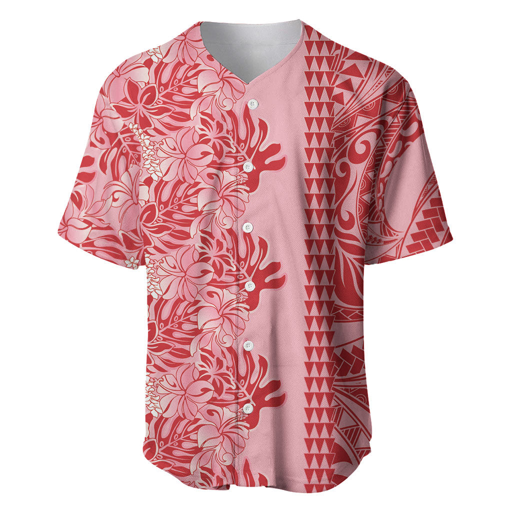 Red Hibiscus Monstera Seamless Kakau Hawaii Baseball Jersey LT14 Red - Polynesian Pride