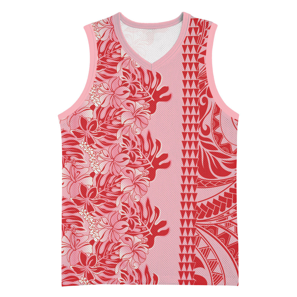 Red Hibiscus Monstera Seamless Kakau Hawaii Basketball Jersey LT14 Unisex Red - Polynesian Pride