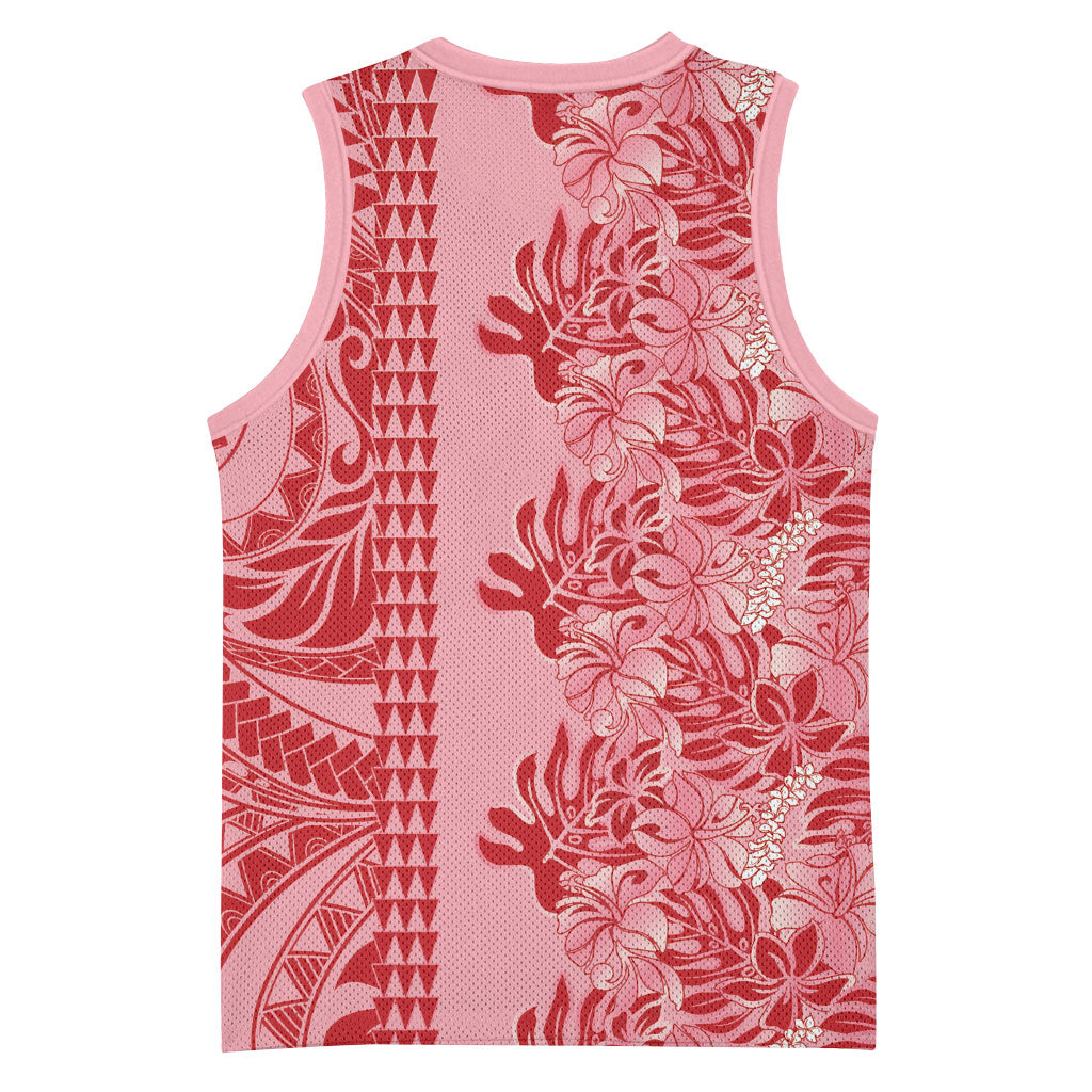 Red Hibiscus Monstera Seamless Kakau Hawaii Basketball Jersey LT14 - Polynesian Pride