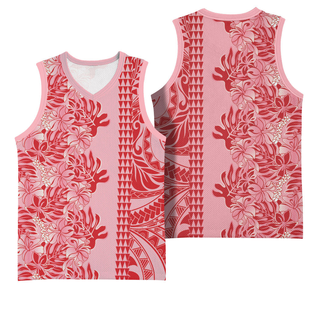 Red Hibiscus Monstera Seamless Kakau Hawaii Basketball Jersey LT14 - Polynesian Pride