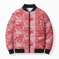 Red Hibiscus Monstera Seamless Kakau Hawaii Bomber Puffer Jacket LT14 Unisex Red - Polynesian Pride