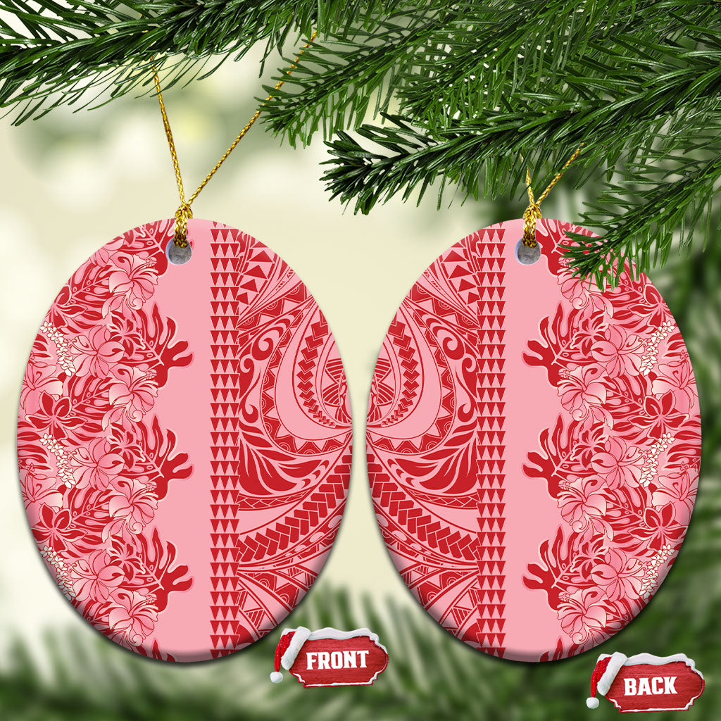 Red Hibiscus Monstera Seamless Kakau Hawaii Ceramic Ornament LT14 Oval Red - Polynesian Pride