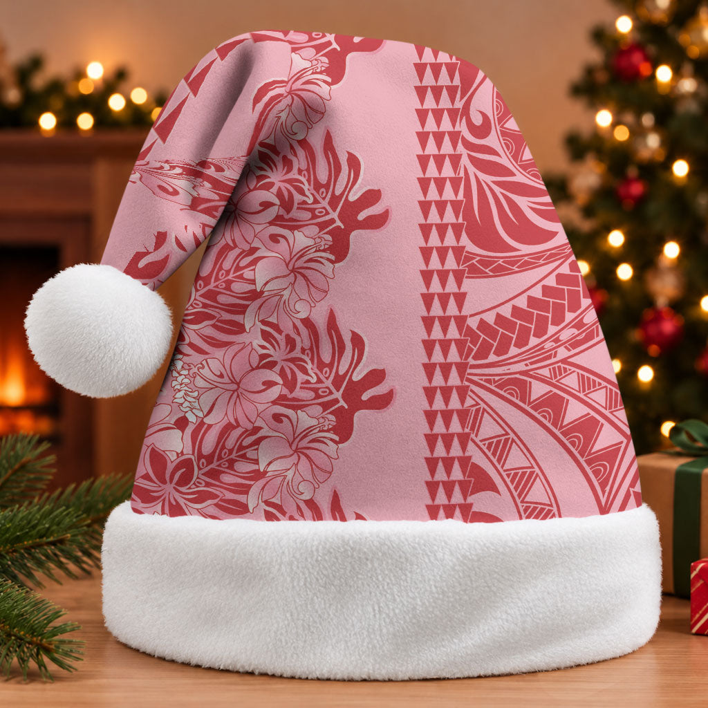 Red Hibiscus Monstera Seamless Kakau Hawaii Christmas Santa Hat LT14 Without Fur Red - Polynesian Pride