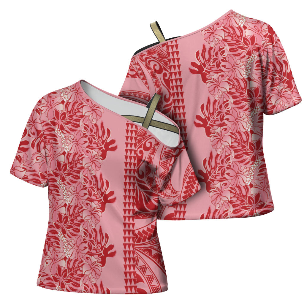 Red Hibiscus Monstera Seamless Kakau Hawaii Cross Shoulder Shirt LT14 - Polynesian Pride