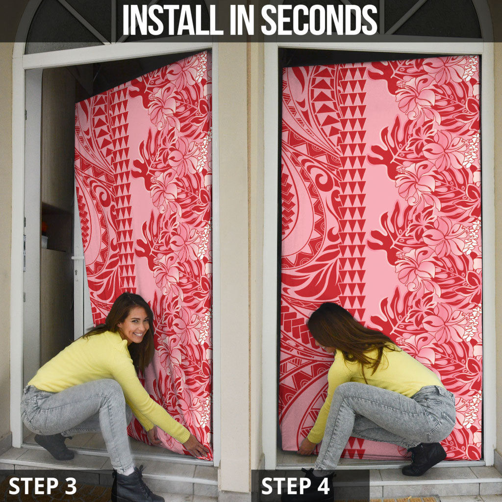 Red Hibiscus Monstera Seamless Kakau Hawaii Door Cover LT14 - Polynesian Pride