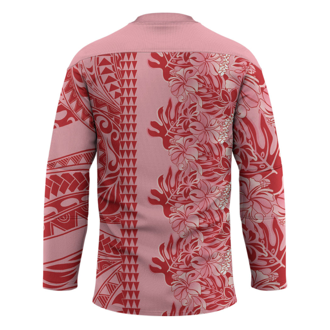 Red Hibiscus Monstera Seamless Kakau Hawaii Hockey Jersey LT14 - Polynesian Pride
