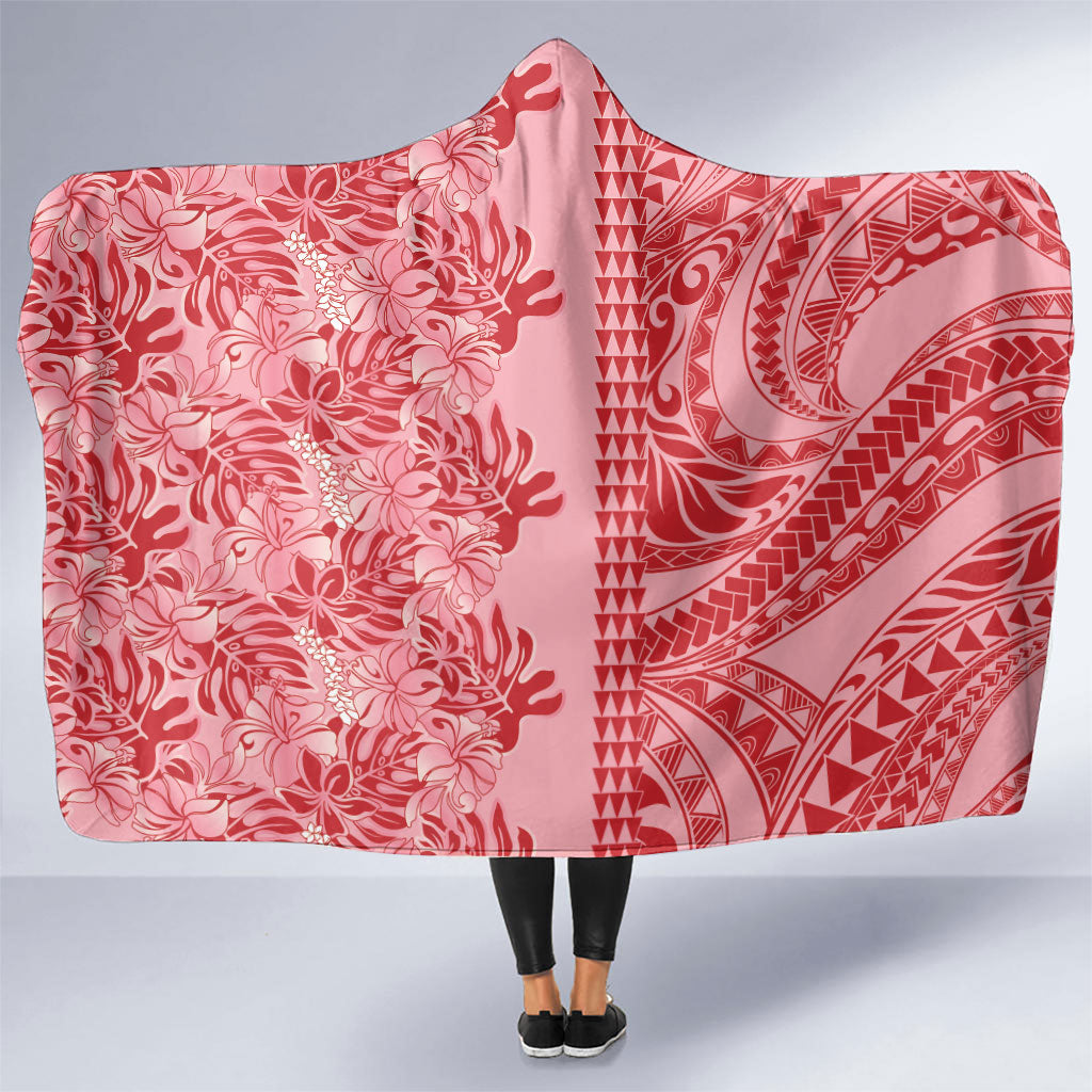 Red Hibiscus Monstera Seamless Kakau Hawaii Hooded Blanket LT14 One Size Red - Polynesian Pride
