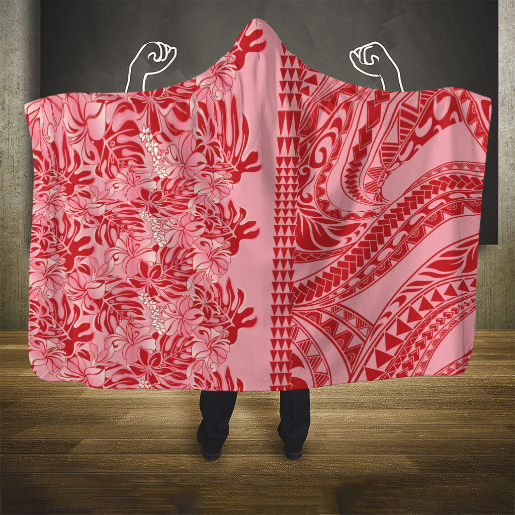 Red Hibiscus Monstera Seamless Kakau Hawaii Hooded Blanket LT14 - Polynesian Pride