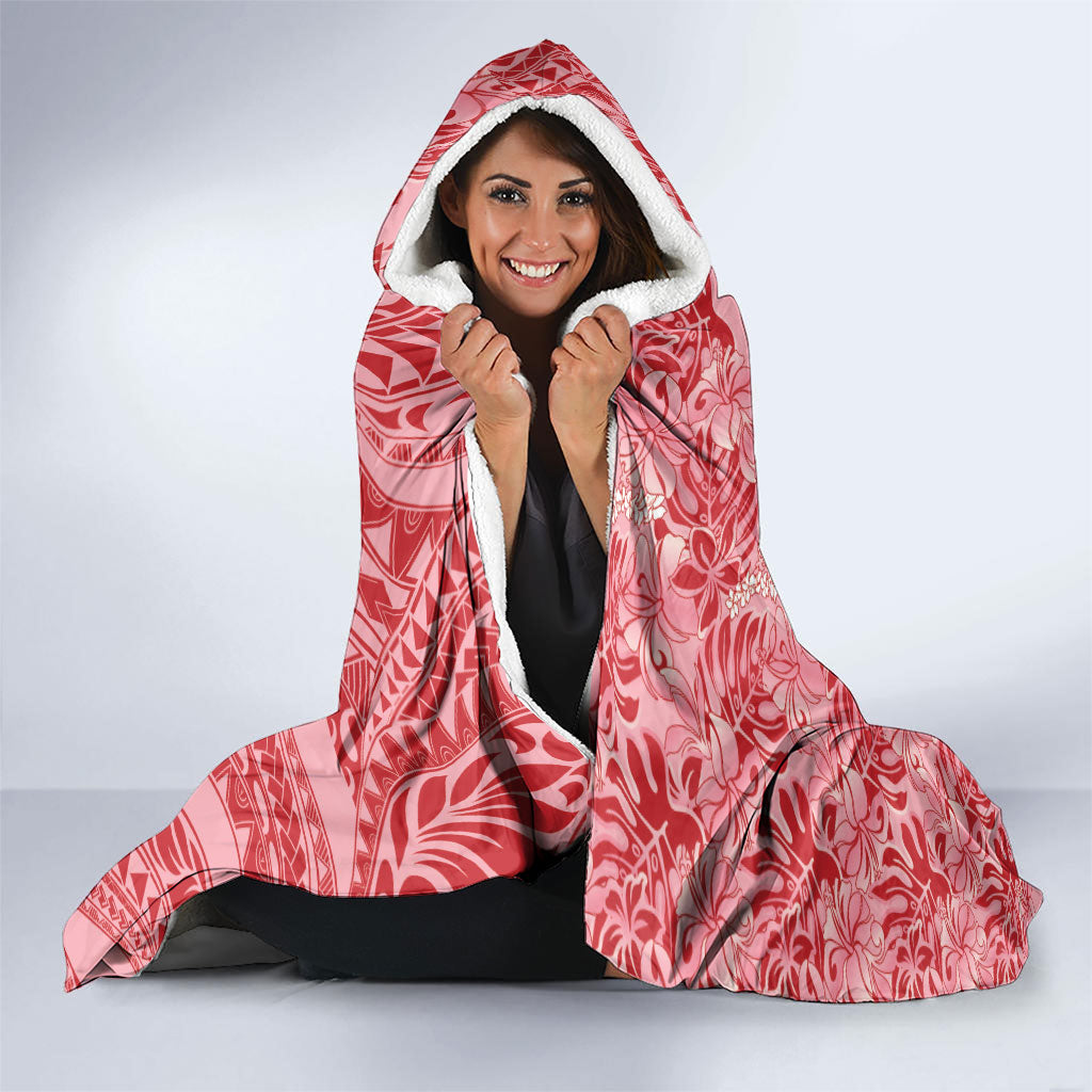 Red Hibiscus Monstera Seamless Kakau Hawaii Hooded Blanket LT14 - Polynesian Pride