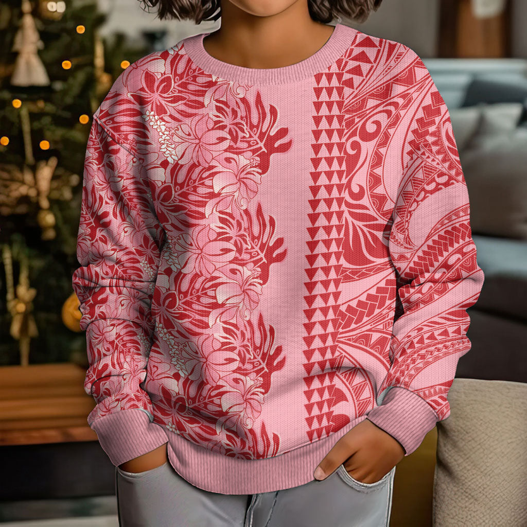 Red Hibiscus Monstera Seamless Kakau Hawaii Kid Ugly Christmas Sweater LT14 - Polynesian Pride