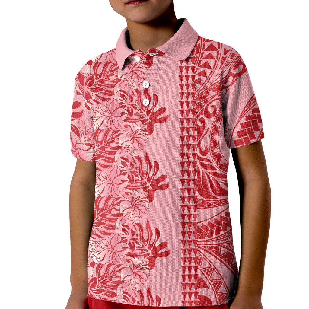 Red Hibiscus Monstera Seamless Kakau Hawaii Kid Polo Shirt LT14 Kid Red - Polynesian Pride