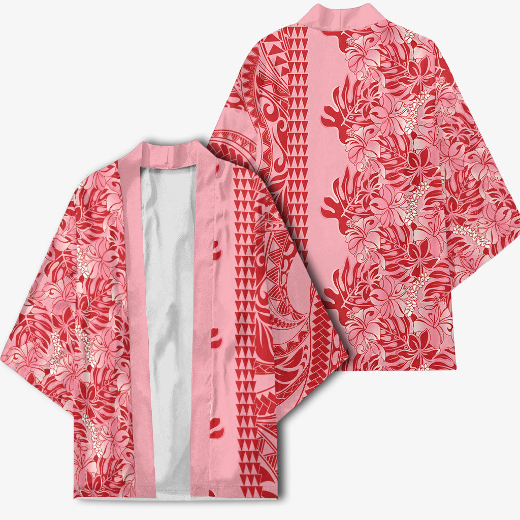 Red Hibiscus Monstera Seamless Kakau Hawaii Kimono LT14 - Polynesian Pride