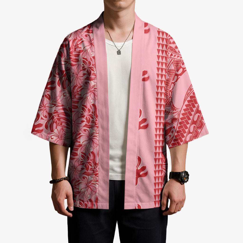 Red Hibiscus Monstera Seamless Kakau Hawaii Kimono LT14 - Polynesian Pride