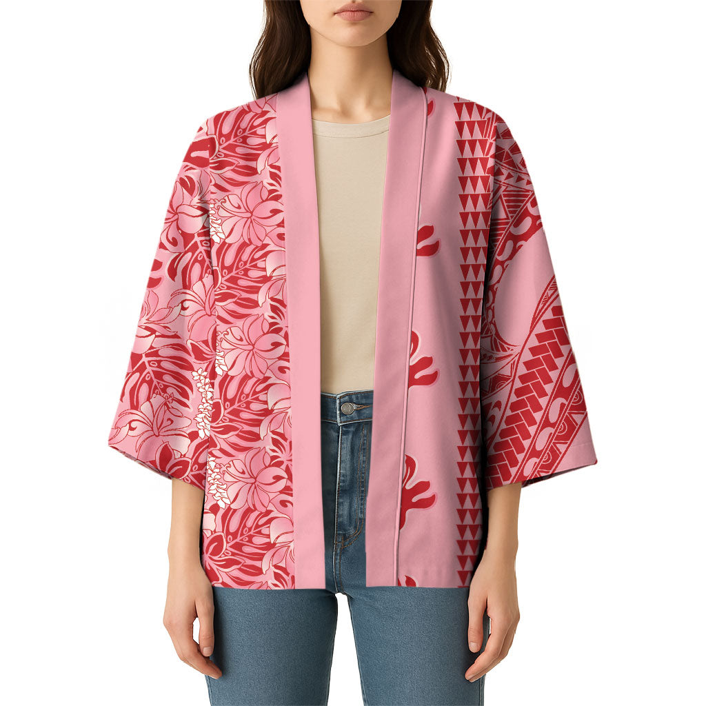 Red Hibiscus Monstera Seamless Kakau Hawaii Kimono LT14 - Polynesian Pride