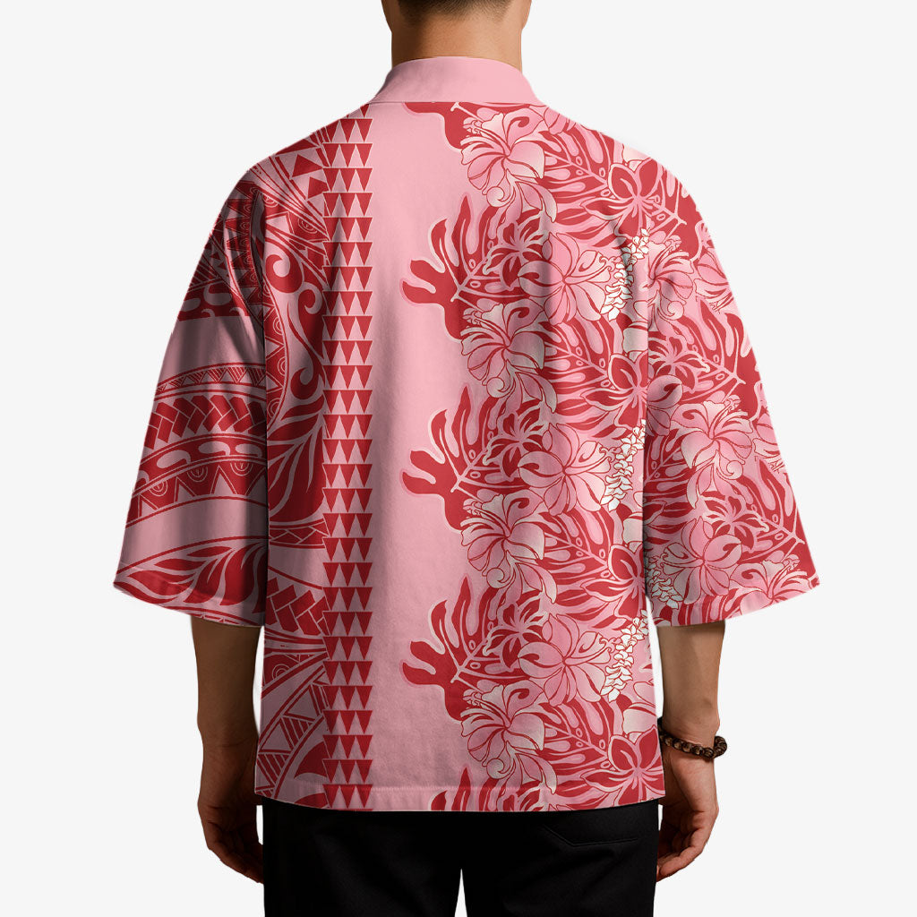 Red Hibiscus Monstera Seamless Kakau Hawaii Kimono LT14 - Polynesian Pride