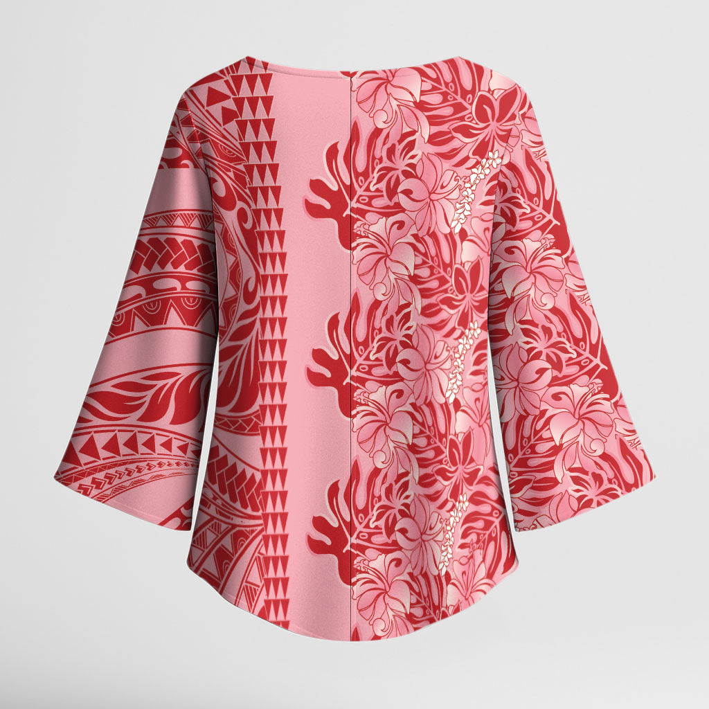Red Hibiscus Monstera Seamless Kakau Hawaii Kimono Sleeve Blouse LT14 - Polynesian Pride