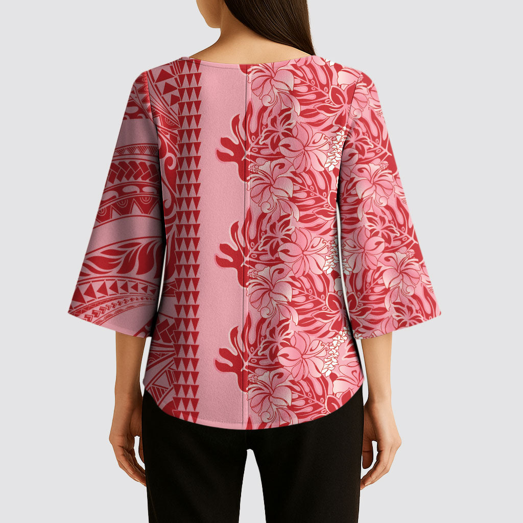Red Hibiscus Monstera Seamless Kakau Hawaii Kimono Sleeve Blouse LT14 - Polynesian Pride