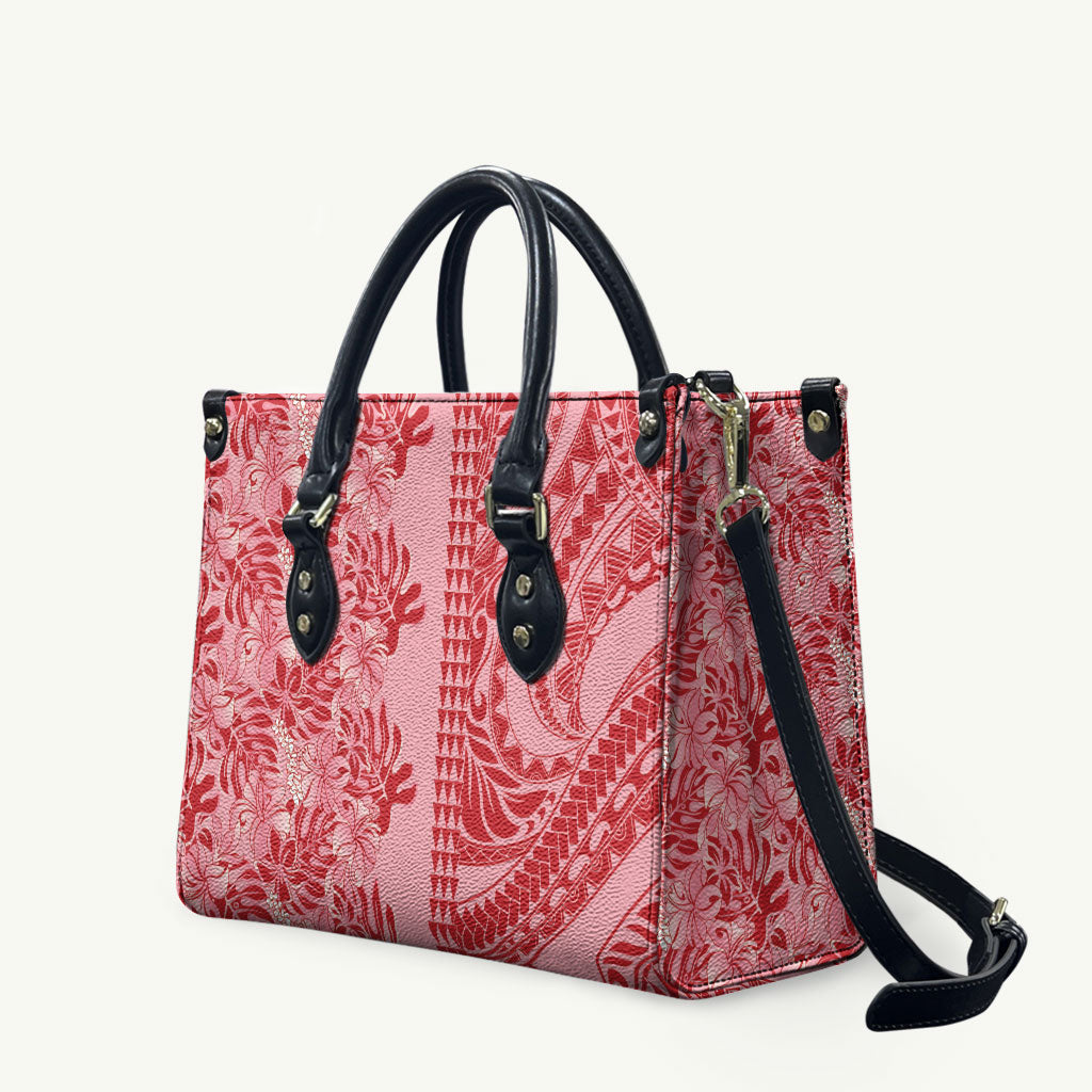Red Hibiscus Monstera Seamless Kakau Hawaii Leather Bag LT14 Red - Polynesian Pride