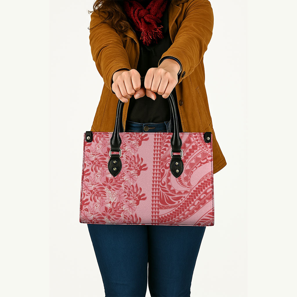 Red Hibiscus Monstera Seamless Kakau Hawaii Leather Bag LT14 - Polynesian Pride