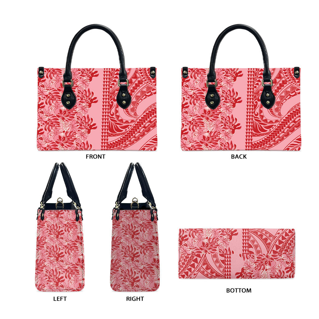Red Hibiscus Monstera Seamless Kakau Hawaii Leather Bag LT14 - Polynesian Pride