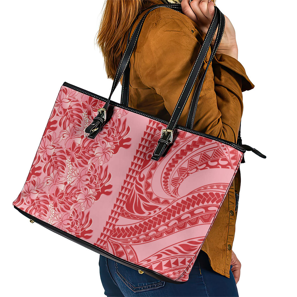 Red Hibiscus Monstera Seamless Kakau Hawaii Leather Tote Bag LT14 - Polynesian Pride
