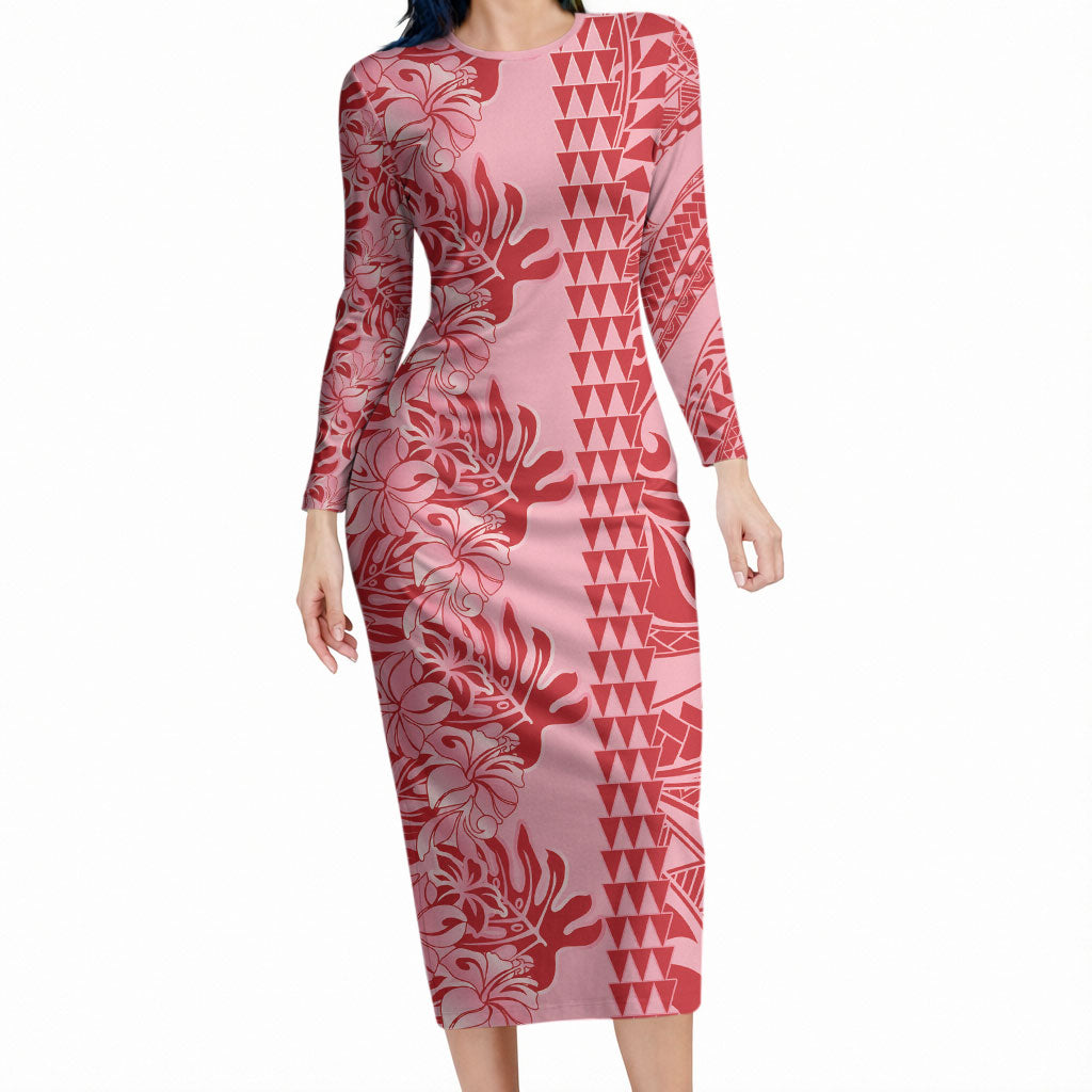 Red Hibiscus Monstera Seamless Kakau Hawaii Long Sleeve Bodycon Dress LT14 Long Dress Red - Polynesian Pride