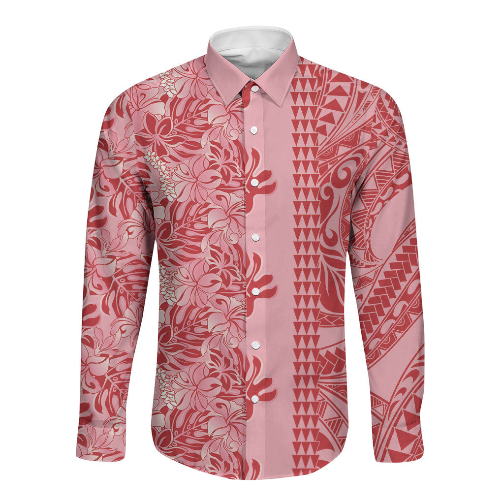 Red Hibiscus Monstera Seamless Kakau Hawaii Long Sleeve Button Shirt LT14 Unisex Red - Polynesian Pride
