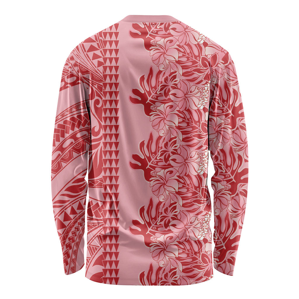 Red Hibiscus Monstera Seamless Kakau Hawaii Long Sleeve Shirt LT14 - Polynesian Pride