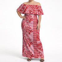 Red Hibiscus Monstera Seamless Kakau Hawaii Off Shoulder Maxi Dress LT14 Women Red - Polynesian Pride