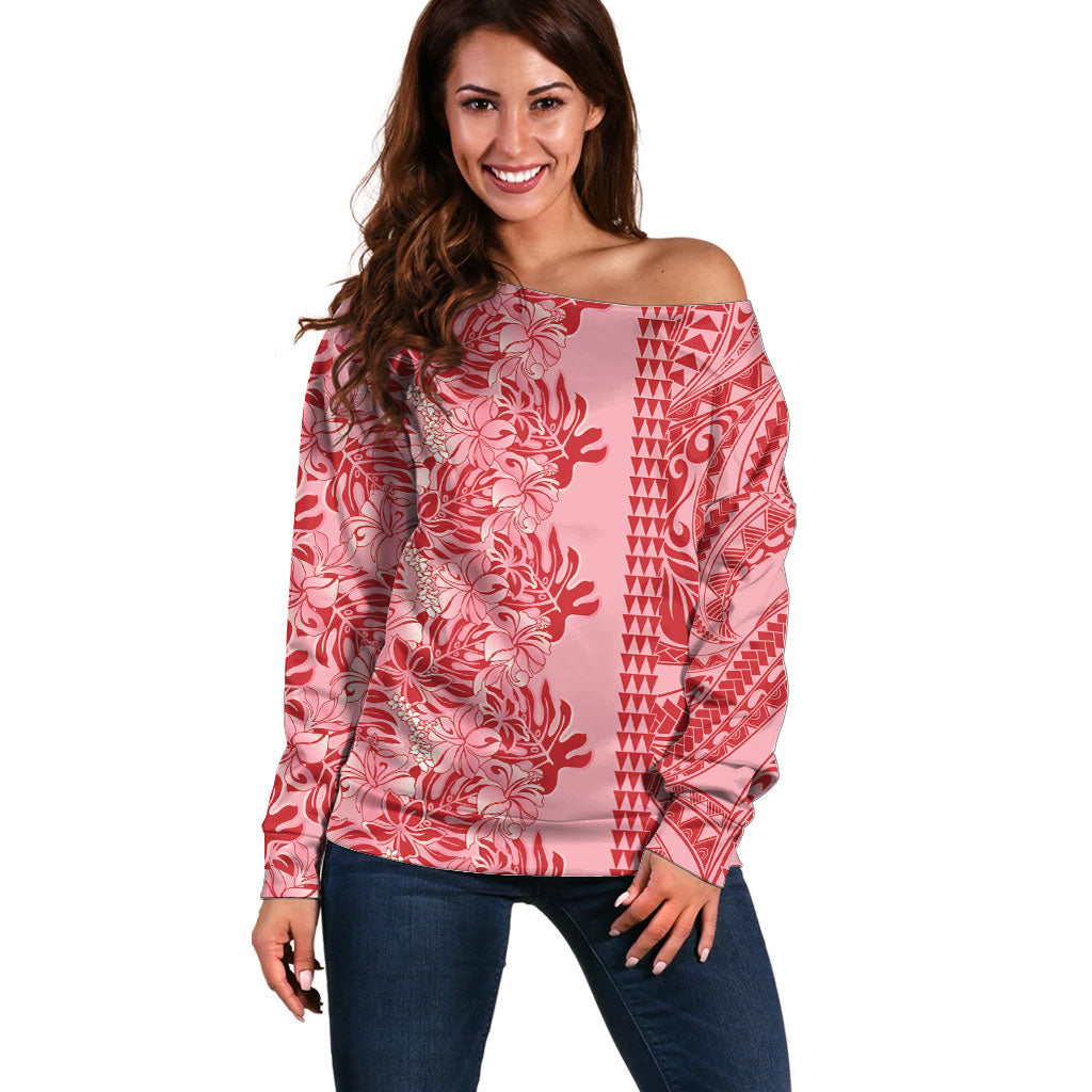 Red Hibiscus Monstera Seamless Kakau Hawaii Off Shoulder Sweater LT14 Women Red - Polynesian Pride